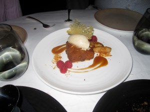 "Bartlett Pear, Black Mission Figs": Caramel Bourbon Pain Perdu, Vanilla and Maple Roasted Pear, 50 Bean Tahitian Vanilla Ice Cream