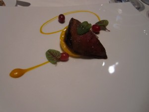 Wild Scottish Wood PigeonHobbs' Bacon, Pumpkin Crêpe, Brussels Sprouts, Sorrel, and Honey-Poached Cranberries (Serves Two)