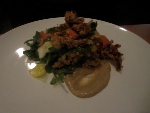 Fried Chicken Skin Salad, Watermelon, Bitter Greens, and Baba Ganoush