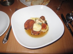 Agedashi Sweet Potato and Buttermilk, Trout Roe, Dashi, Spinach, and Pumpkin Seeds