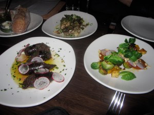 Maitake Mushroom with Smoked Sea SaltHouse Morcilla (Blood Sausage
Roasted Brussels Sprouts & Butternut Squash, Peanut Romesco, Shaved Radish (Near Right)