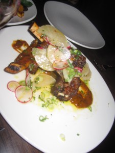 Beef Ribs, Smoked Apple-Jalapeño BBQ Sauce, Pickled Turnips