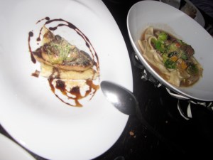Left: Seared Hudson Valley Foie Gras, Griled Brioche, and 30- Year Aged BalsamicRight: Braised Duck and Pappardelle Pasta, Butternut Squash, Brussels Sprout Leaves, Shaved Foie Gras Torchon