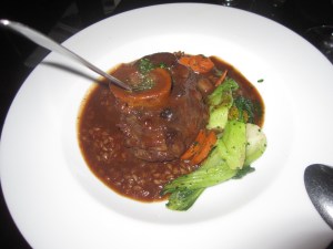 Sylvie's Ranch Veal Osso Buci, Red Wine- Braised Emmer Farro, Bok Choy, Blood Orange Gremolata