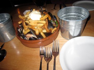 Mussels & Fries in Green Chorizo- Butternut Squash- White Wine Broth