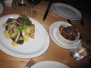 Right: Niman Ranch Teres Major-- Shoulder Tender; Bearnaise Sauce, Root Vegetable StrataLeft: Sautéed Wild & Crimini Mushrooms with Marchand de vin