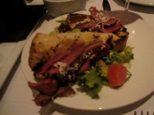 Grilled Grass-fed Beef Hearts with Marrow Butter, Grilled Bread, Beets, Green Salad, and Horseradish Vinaigrette
