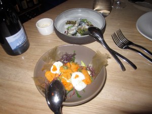 Top: Oysters Poached in their Shell, Seaweed, Buttermilk, Horseradish, Tapioca, Herb EmulsionBottom: Sea Urchin, Trout Roe, Potato, Gem Lettuce, Lime Cream, Sea Beans, Pickled Wasabi Leaf