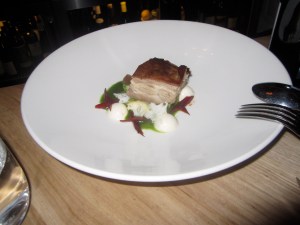 Grilled Lamb Breast, Pine Nut Panna Cotta, Cauliflower, Dates, Green Chard Jus