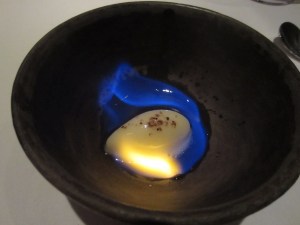 Pujol's Guava Sorbet with Worm Salt and Flambéed Mezcal