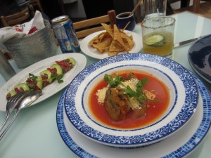 Top: Deer Meat Marinated in Soy, Scallions, and OnionsBottom: Chaya Tamalito "Tabasco Style" with Queso Fresco and Vegetables in a Tomato Sauce