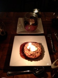 Back: Chocolate Tiramisu with Cherry Compote Front: Apple and Frangipane Tart with Fleur de Sel Caramel and Crème Fraiche