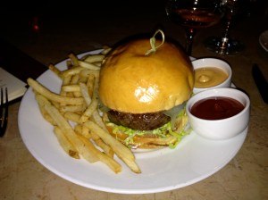 Fifth Floor, San Francisco: Burger with Comté Cheese, Bourbon Onions, Firebrand Bun, and Fries