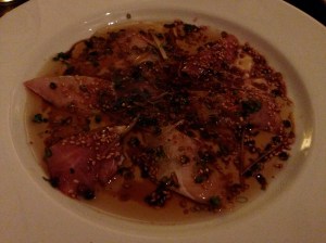 Nobuo at Teeter House, Phoenix: Shiromi Carpaccio with Ginger, Yuzu Kocho, Sesame Oil, Garlic, and Housemade Focaccia