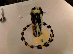 Christopher's, Phoenix, AZ: Chocolate Tower with Chocolate Mousse, White Chocolate Lattice, and Vanilla Espresso Sauce