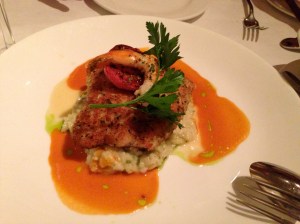 Lahaina Grill, Lahaina, Maui: Opakapaka with Smoked Mozzarella Risotto, Oven Roasted Tomato, Prawn, Parsley, Chive Oil, Panko Crumbs, and Lobster Champagne Sauce