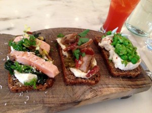 Bar Tartine, San Francisco: Smørrebrød: Rainbow Trout with Horseradish Cream and Arugula, Salami with Mushrooms and Pepper Relish, Farmer's Cheese with Peas and Chili Flakes