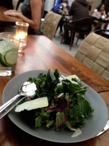 Kale, crispy and raw, curried almonds, pecorino, red wine vinaigrette