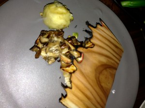 Hinoki scented black cod, sweet potato, trumpet mushrooms, pistachio