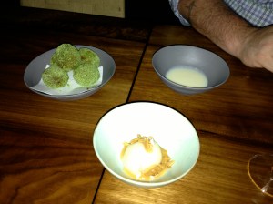 Mochi rice cream with dulce de leche; Miso donuts with kalamansi crème and koji milk