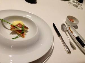 Red Mullet. Baby leek with lemongrass, ginger, and lemon; Black cannelloni filled with eggplant and "quinoa"; Sautéed sorrel, spinach, eel, and mortadella.